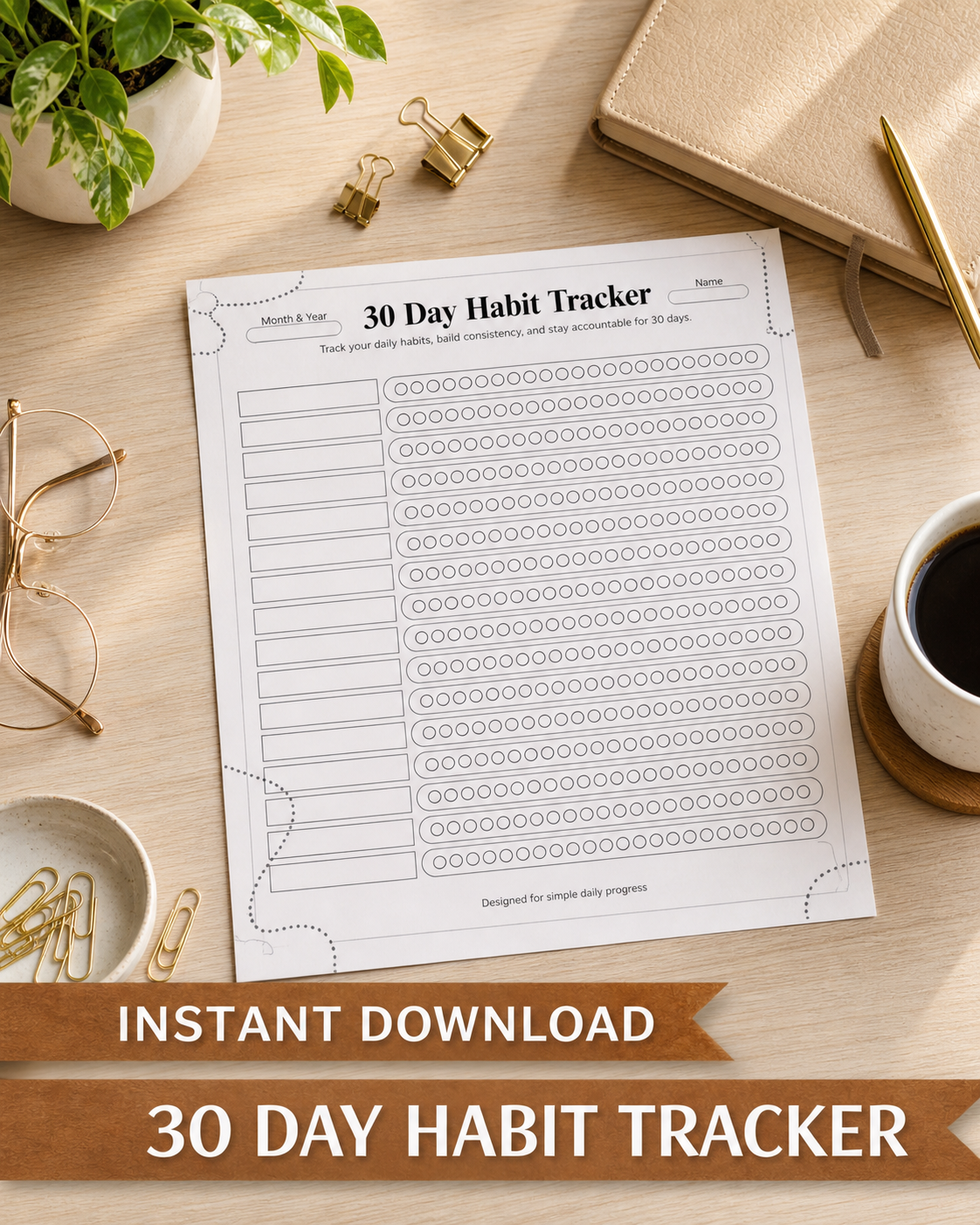 30 Day Habit Tracker Printable | Minimal Daily Routine PDF – FlowNest